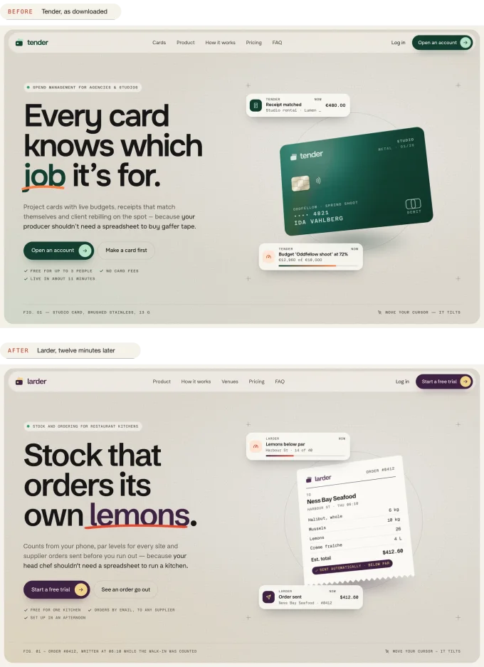 Before and after. Before: Tender as downloaded, a spend-management page with the headline “Every card knows which job it’s for.” and a green metal card. After: Larder, a stock and ordering app with the headline “Stock that orders its own lemons.”, a plum palette, a different typeface and a paper supplier order in place of the card