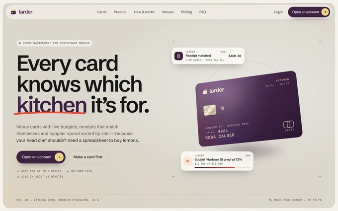 The same page rebranded as Larder: a plum metal card, butter and tomato accents, Schibsted Grotesk type and the headline “Every card knows which kitchen it’s for.”