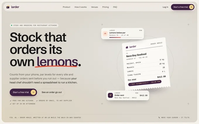 Larder as a stock and ordering app: the headline “Stock that orders its own lemons.”, a paper supplier order for Ness Bay Seafood tilting on the stage, and notifications for low lemons and a sent order