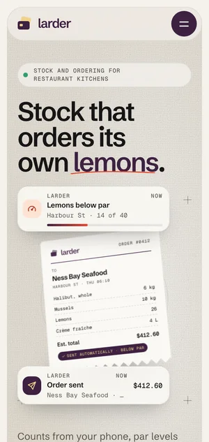 Larder on a 360-pixel-wide phone screen: the headline on three lines with “lemons” underlined, a notification and the tilted paper order