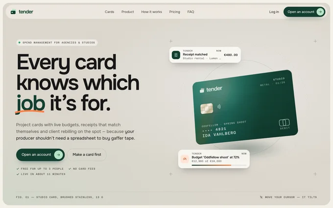 The Tender template open in a browser: the headline “Every card knows which job it’s for.”, a green metal card tilting in the hero and two notifications beside it