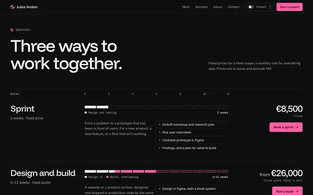 Datum's services section on a dark background: “Three ways to work together.”, a 12-week ruler, and two services. Sprint is two weeks at a fixed €8,500, shown as two filled cells. Design and build is 6 to 12 weeks from €26,000, shown as white design cells overlapping with pink build cells.