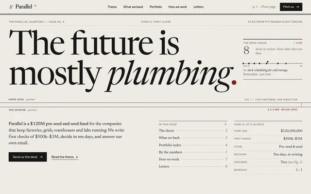 Parallel's front page on warm paper: a masthead line reading “The Parallel Quarterly, Issue No. 3”, the serif headline “The future is mostly plumbing.”, a contents list with page numbers, and a “Fund III, at a glance” table.